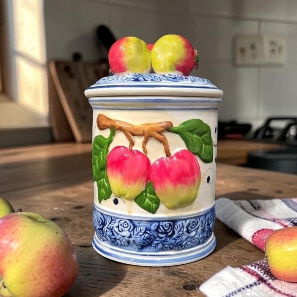 Kiln Fired Clay Medium Apple Canister, Vintage Hand-Painted Kitchen Storage